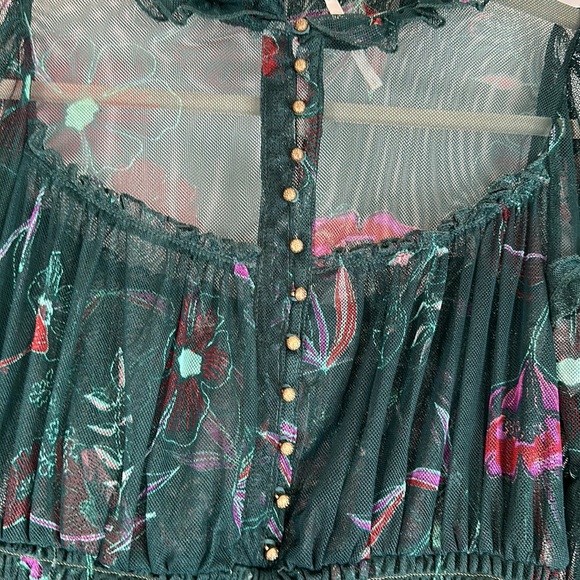 Free People Time for Shine Sheer Green Floral Crop Long Sleeve Top - Picture 5 of 10